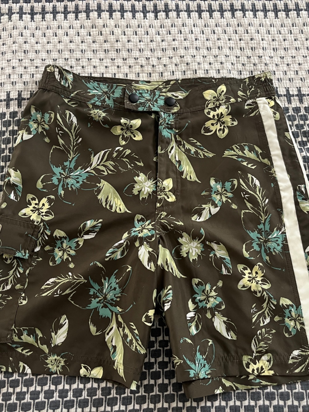 Nat Nast Olive Green Floral Swim Board Shorts with Teal Accents